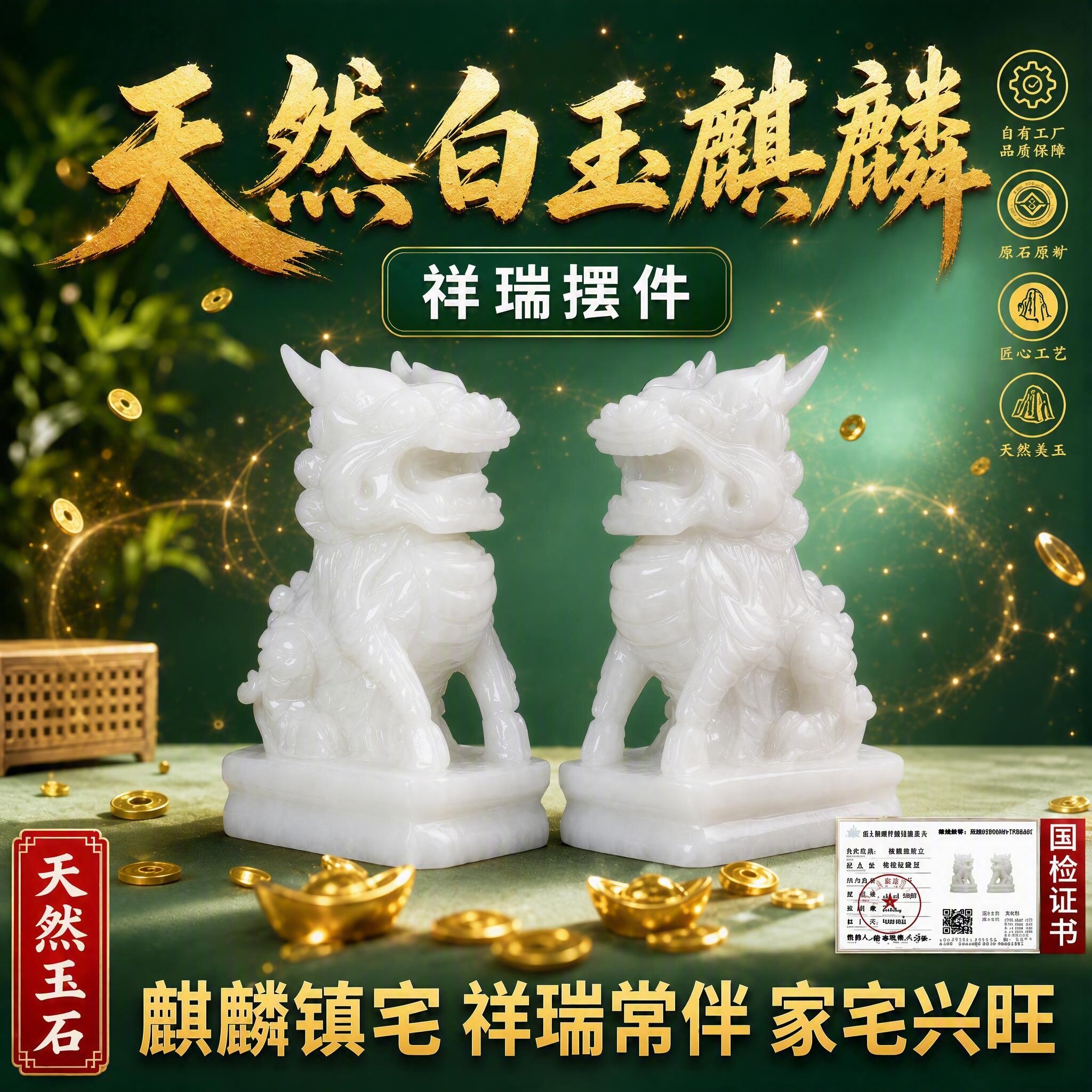 包邮天然阿富汗玉石麒麟摆件一对镇宅家居客厅玉麒麟摆件大号