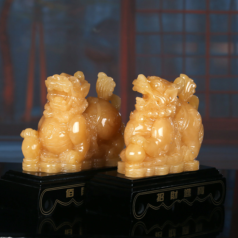天然玉石米黄玉貔貅玉石摆件一对客厅玄关书房办公室开业礼