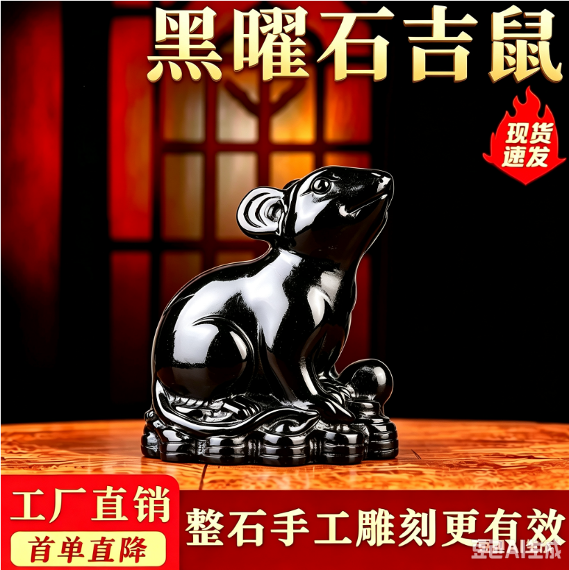 黑曜石金钱鼠摆件招财聚福乔迁礼