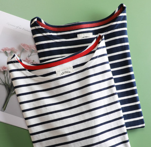 T恤女春 船领纯棉厚实条纹长袖 升级版 水洗牛仔贴布法系蓝白海魂衫