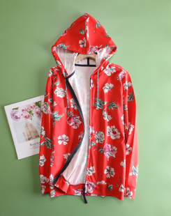 英伦田园风纯棉红色印花连帽拉链卫衣女大码薄款开衫碎花外套春秋