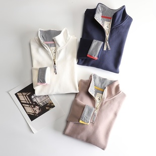 纯棉灰粉色半门襟拉链加绒套头卫衣女长袖保暖大码polo衫立领外套