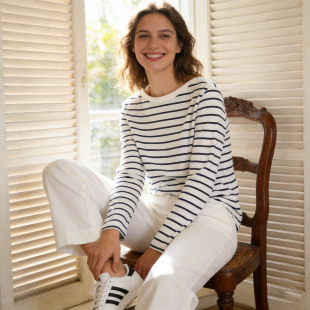 打底薄 胖mm大码 大航海家纯棉深蓝白条纹长袖 T恤女外穿水手海魂衫