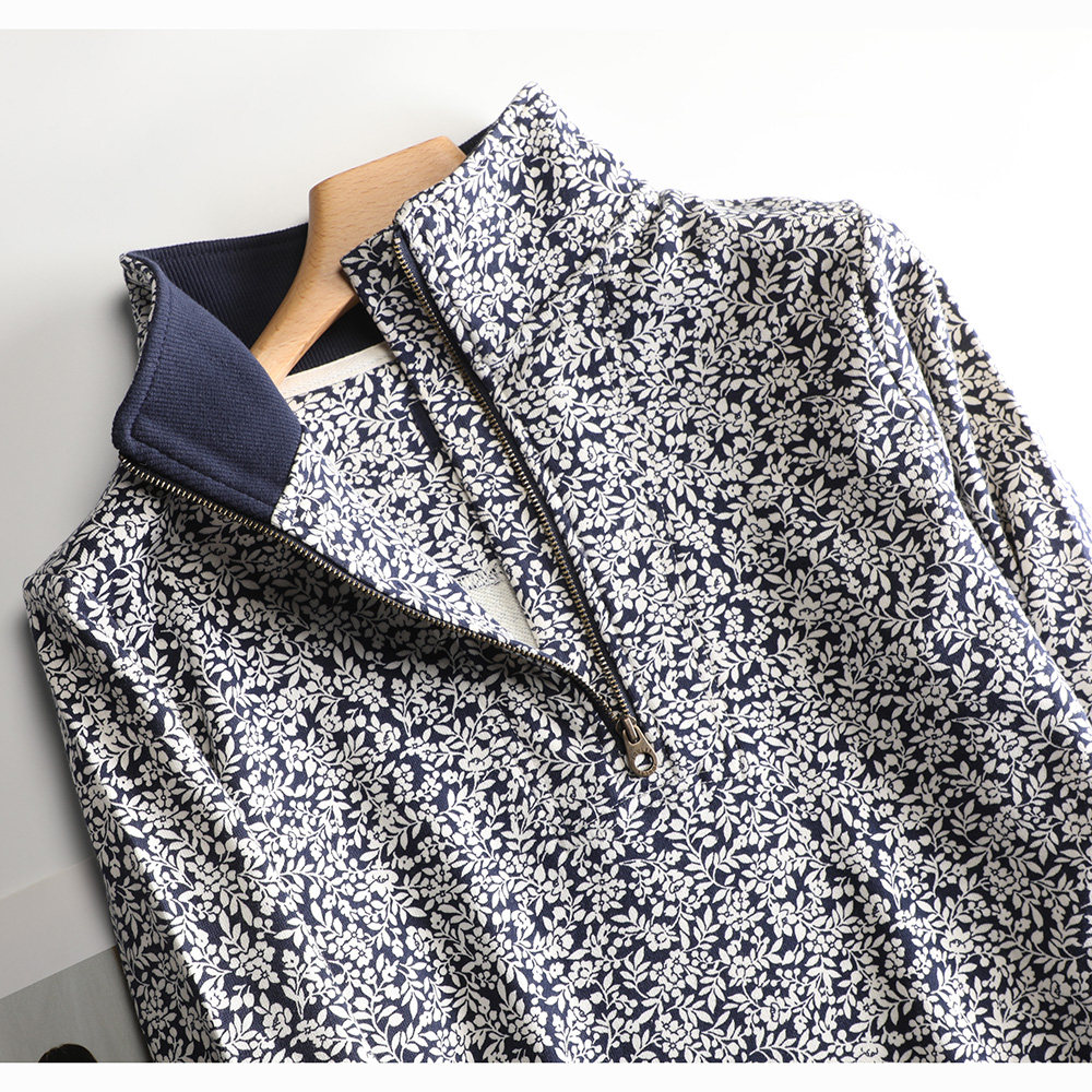 碎花藏蓝色深色半拉链立领卫衣女