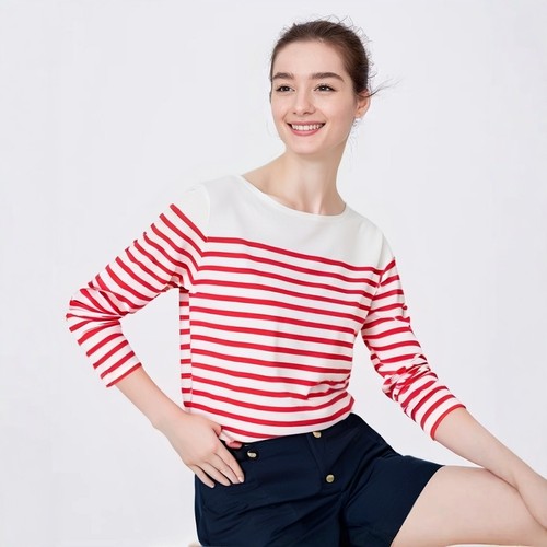 留白水手条纹衫长袖黑白T恤女春