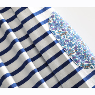 T恤女纯棉大码 小众设计海魂衫 宝蓝白条纹拼接蓝色小碎花船领长袖