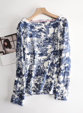 欧洲英伦潮380克针织深蓝色动物森林船领长袖T恤女宽松大码打底衫