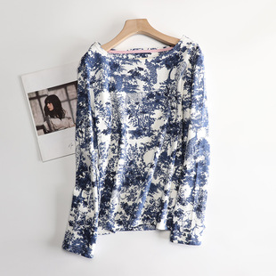 打底衫 欧洲英伦潮380克针织深蓝色动物森林船领长袖 T恤女宽松大码
