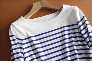 蓝白条纹t恤女长袖水手衫船领宽松法式纯棉大码打底衫上衣2025春