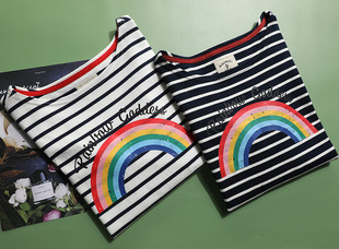 外穿 T恤女柔软海魂衫 260克加厚重磅纯棉条纹衫 彩虹印花一字领长袖