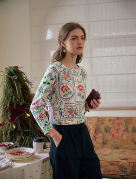 380克加厚针织纯棉英伦田园风T恤女长袖碎花大码上衣打底衫外穿潮