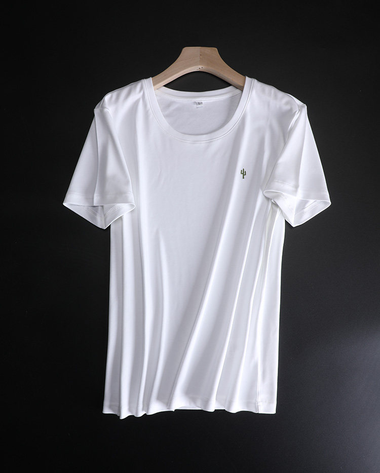 白色丝光棉纯棉柔软弹力仙人掌刺绣圆领正肩短袖T恤女夏宽松大码