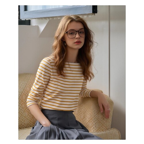 春秋一字肩纯棉横条纹T恤女长袖