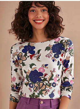 英伦大花潮针织纯棉长袖T恤女宽松大码外贸女装加厚打底衫上衣秋