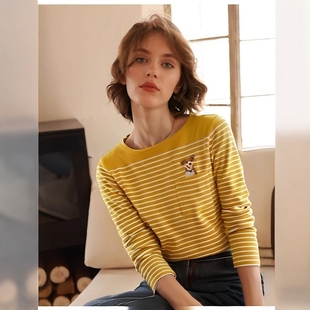 减龄刺绣俏皮小狗 纯棉横黄条纹T恤女长袖打底衫口袋上衣欧货春秋