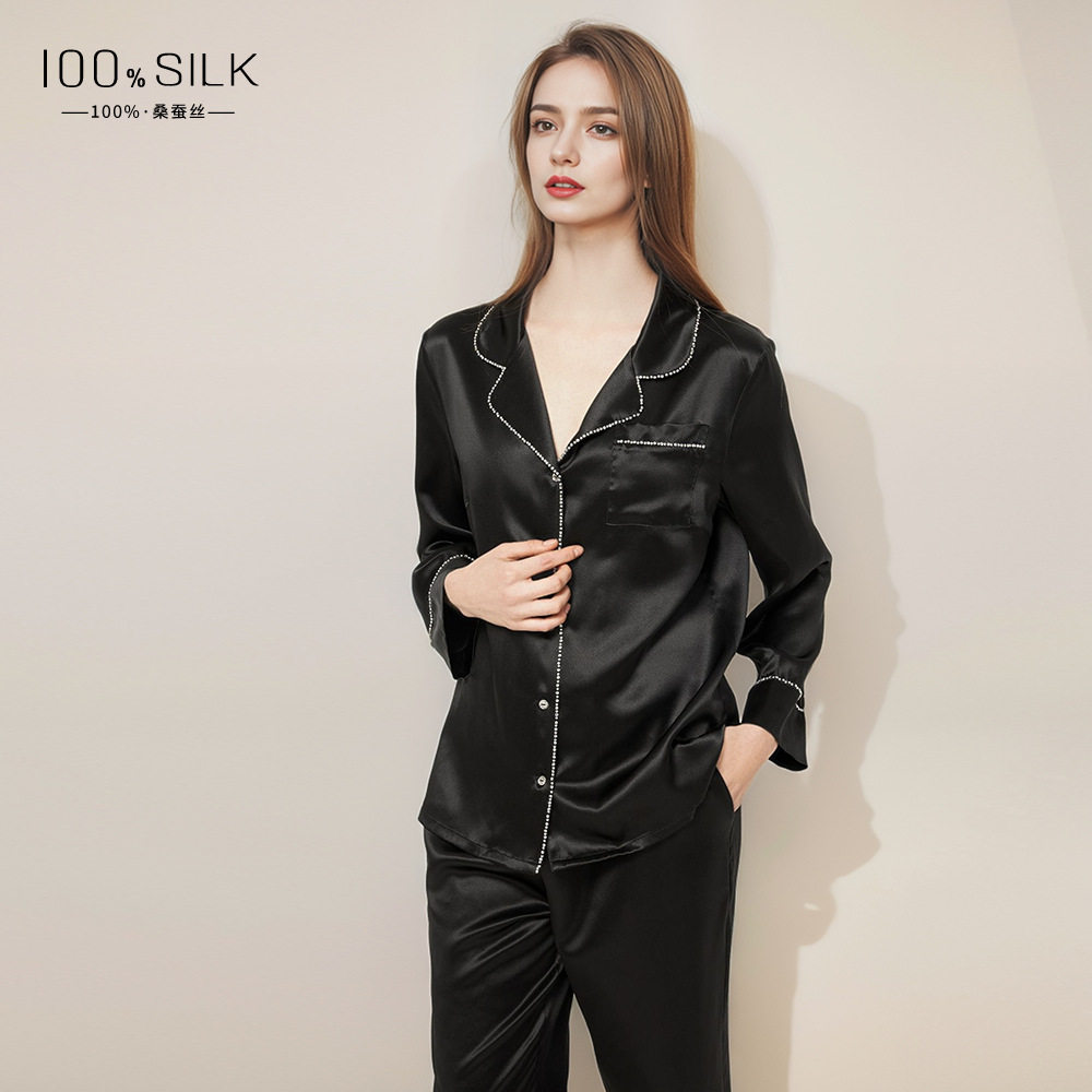 秋冬款22姆米重磅真丝睡衣女高级100%桑蚕丝绸定钻轻奢家居服套装