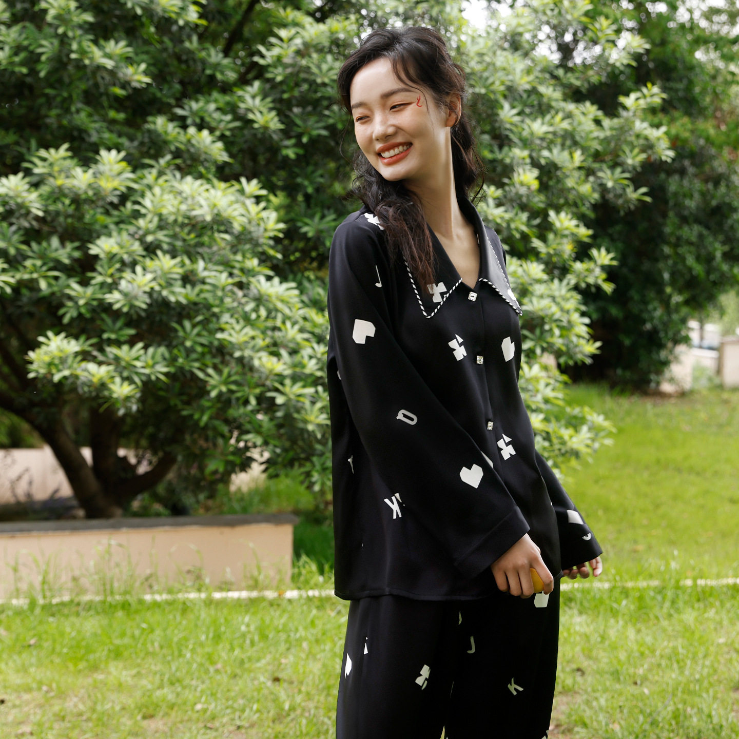 春秋19姆米真丝睡衣女黑色桃心100%桑蚕丝长袖长裤家居服套装外穿