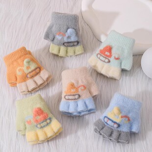 儿童半指手套男卡通挖机冬季保暖针织防寒分指半截1到3岁宝宝露指