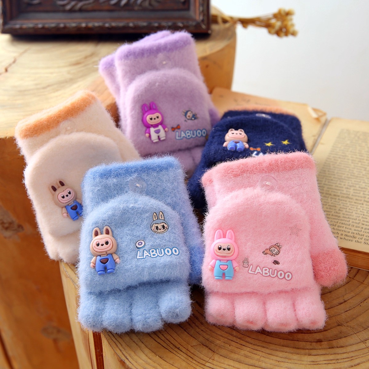 儿童分指手套女童秋冬季保暖针织半指翻盖幼儿园男孩宝宝写字可爱