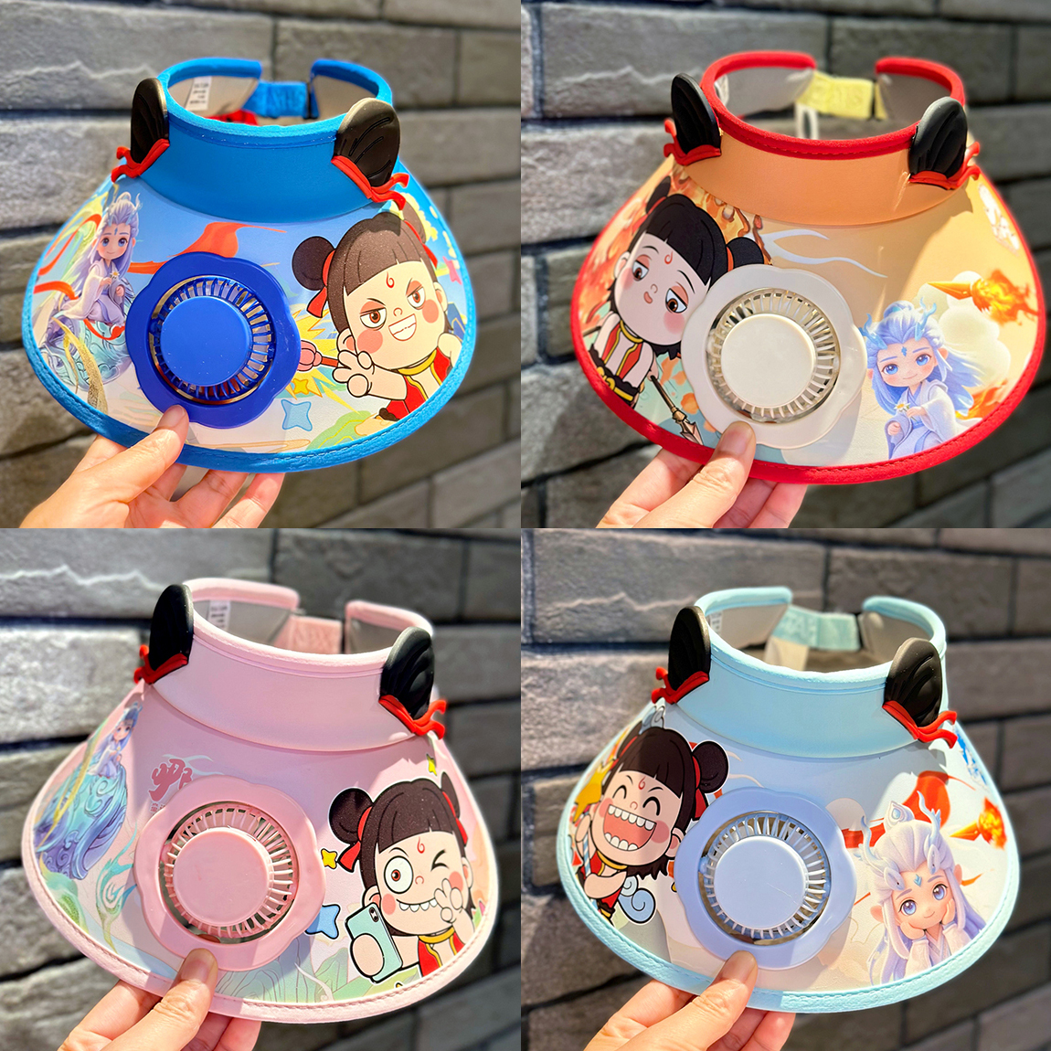 儿童防晒帽女童哪吒遮阳帽带风扇夏季防紫外线男孩太阳帽子小学生