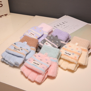 韩版可爱翻盖手套女童冬季保暖半指学生写字防寒毛线针织分指漏指