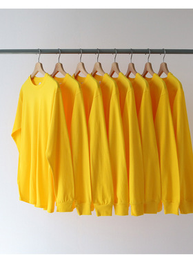 春秋季黄色鲜黄色袖口螺纹上衣打底衫纯棉长袖T恤男女 bf风宽松潮