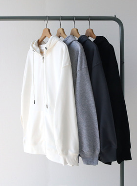 春秋季薄款白色灰色黑色毛圈拉链连帽卫衣外套男女宽松oversize潮
