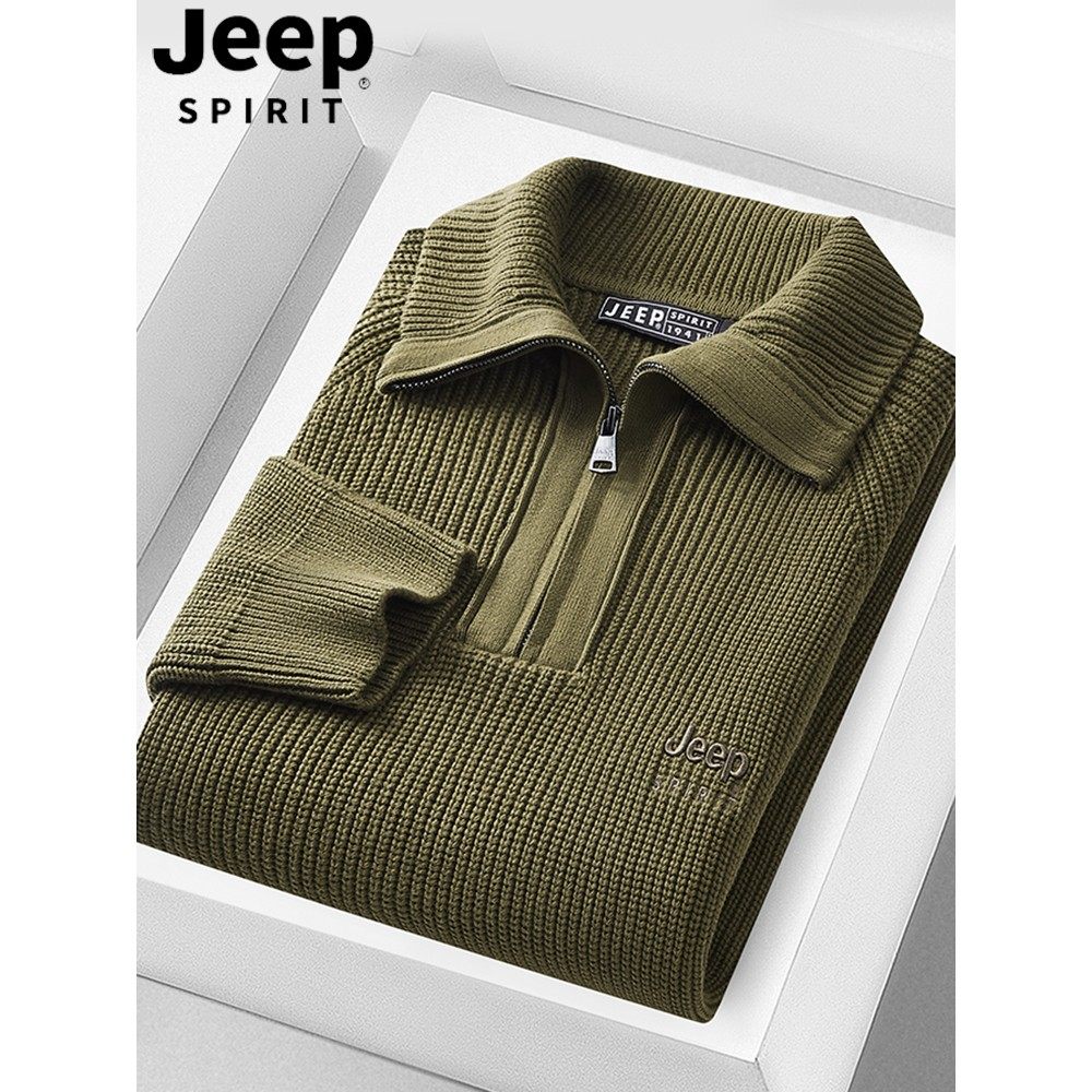 吉普毛衣男冬季纯棉加厚极简风新款半拉链高领男士针织衫内搭