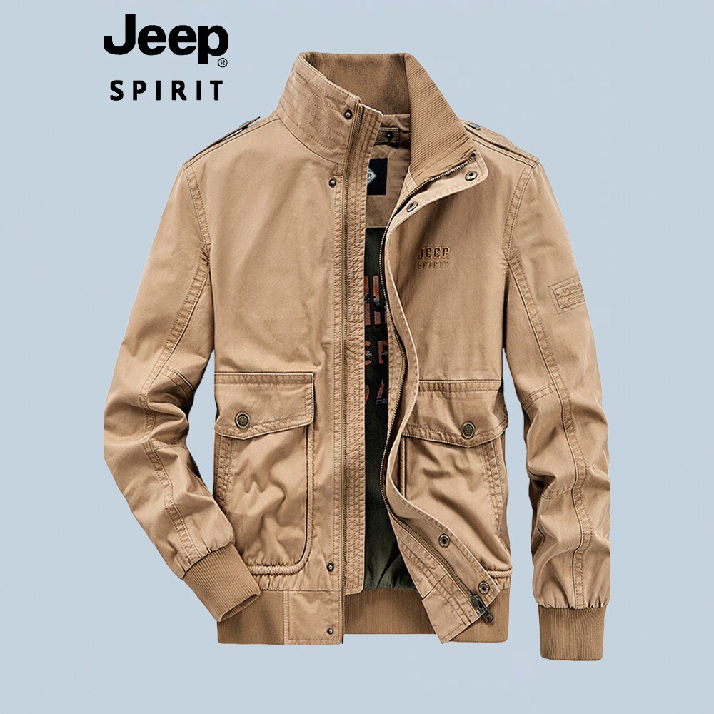 JEEP吉普卡其色纯棉立领工装夹克男款春秋季中年宽松大码休闲外套