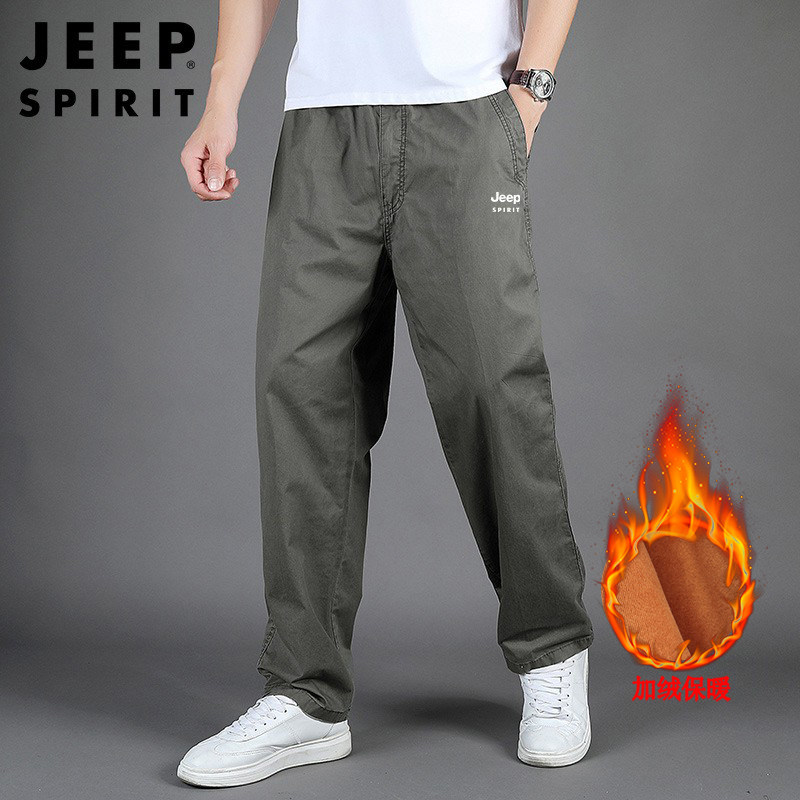 吉普男士保暖休闲裤男生纯棉工装裤宽松直筒大码秋冬季加绒加厚款