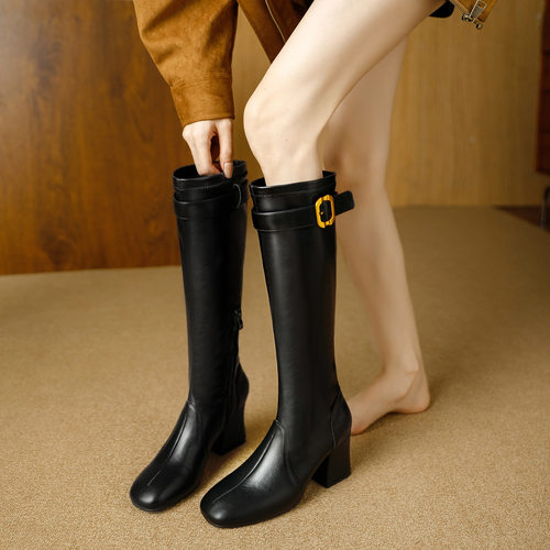 欧美英伦风真皮高筒靴骑士长靴长筒靴女复古粗跟套筒不过膝直筒靴