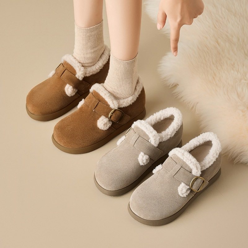 真皮勃肯鞋女秋冬2025新款女鞋厚底保暖棉鞋加绒加厚雪地靴毛毛鞋