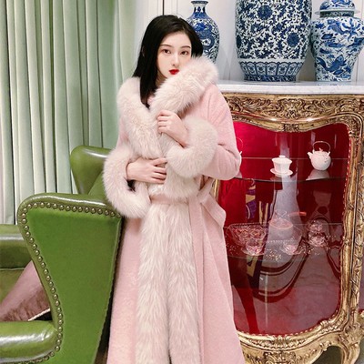 奢华高端双面大毛领羊绒中长款