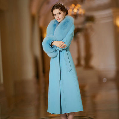 冬季奢华狐狸毛领双面羊毛大衣女