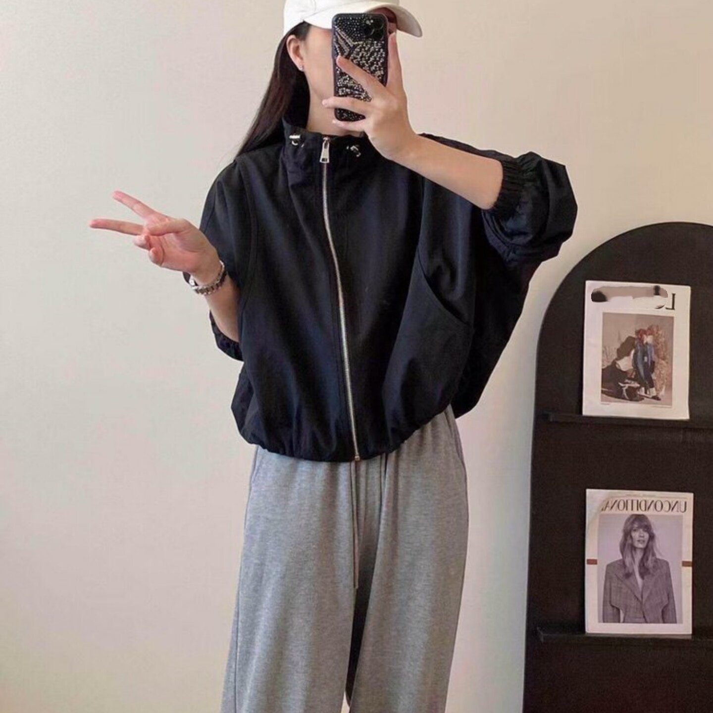 立领抽绳休闲短外套女2026春季新款韩版宽松冲锋衣夹克开衫HB7703