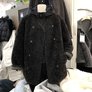 宽松休闲皮毛一体TGM2701 韩版 V领双排扣羊羔毛外套女2025冬季 新款