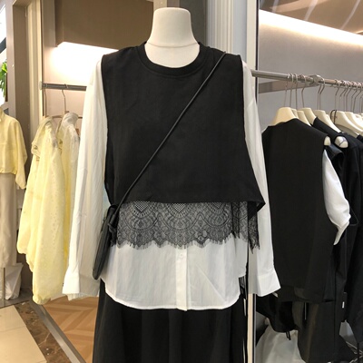 假两件蕾丝花边拼接长袖衬衫女2026春季新款韩版宽松上衣女TGM207