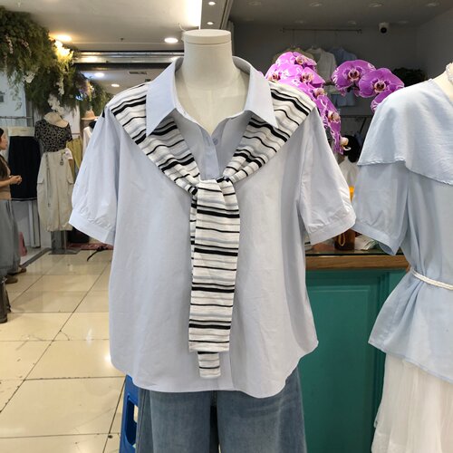 假两件条纹披肩拼接短袖衬衫女2026夏季新款宽松休闲上衣XYF26056