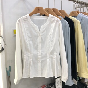 褶皱收腰显瘦长袖衬衫女2026春季新款韩版单排扣剪刀领衬衣XT1857