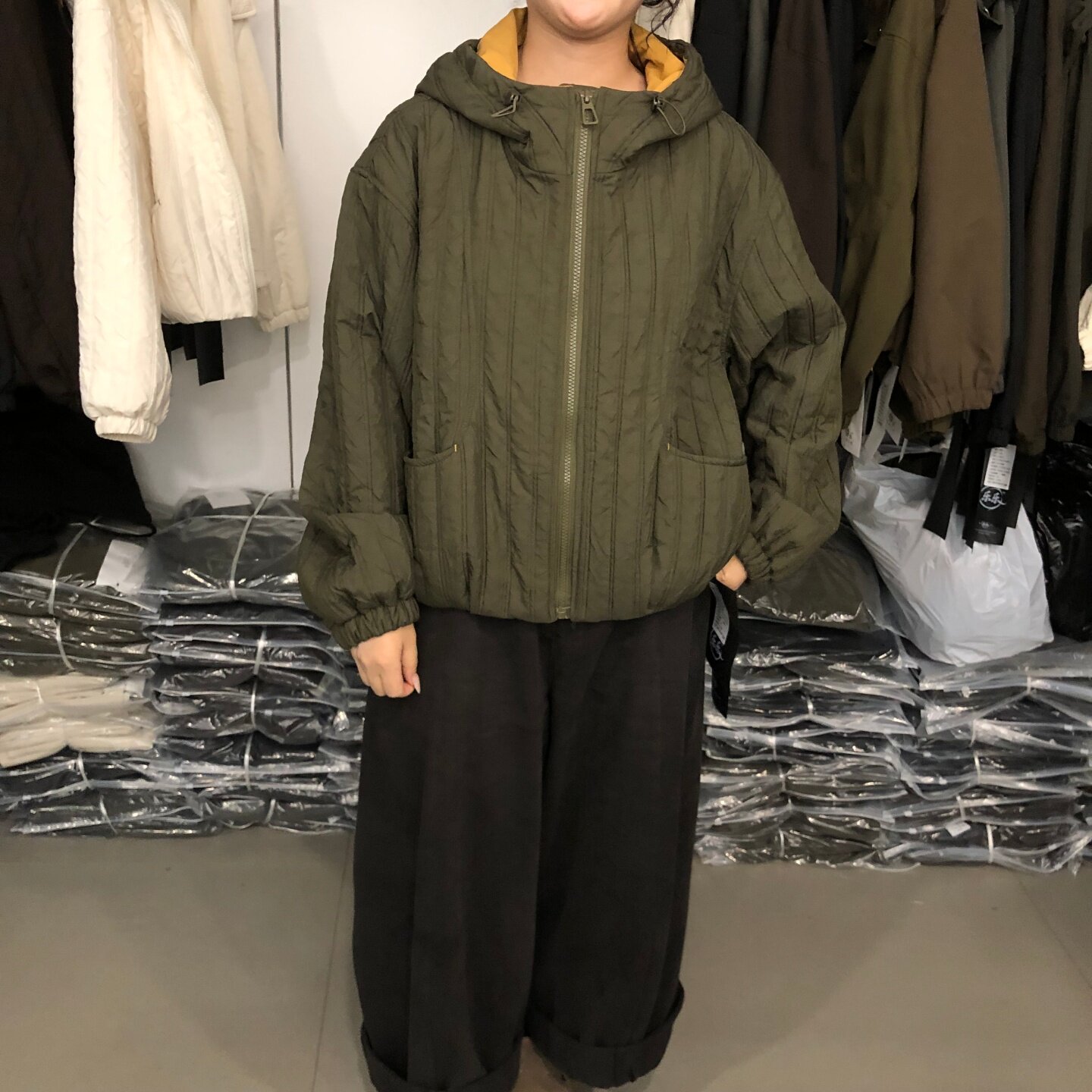 撞色连帽绗棉外套女2026秋季新款韩版宽松休闲夹棉薄款棉衣LLC805