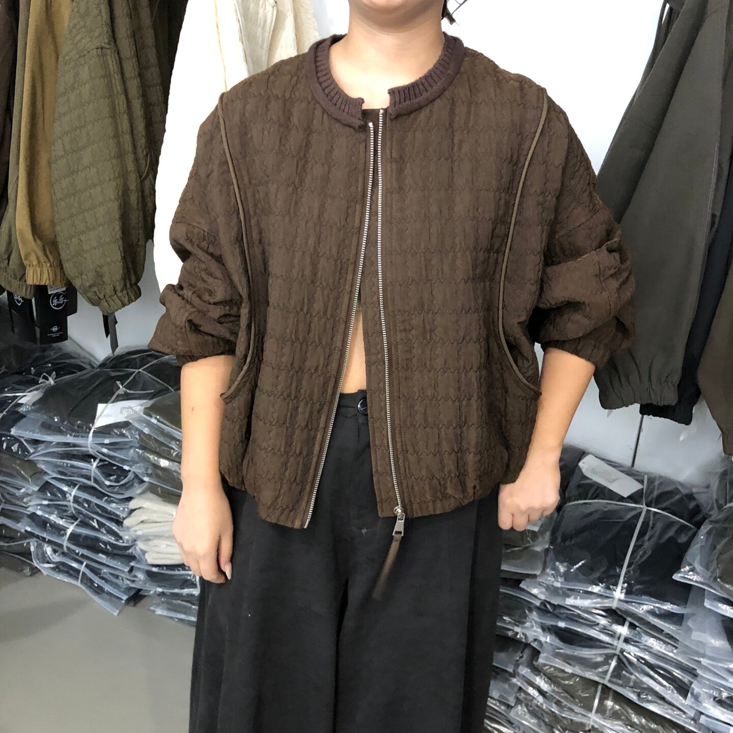 领口针织拼菱格夹棉薄外套女2026秋季新款韩版宽松休闲夹克LL9621