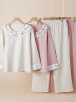 New Chinese-style traditional Chinese style spring, summer and autumn pure cotton and linen pajamas for women, long-sleeved, button-up and embroidered high-end home wear set thumbnail 6