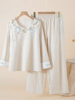 New Chinese-style traditional Chinese style spring, summer and autumn pure cotton and linen pajamas for women, long-sleeved, button-up and embroidered high-end home wear set thumbnail 4