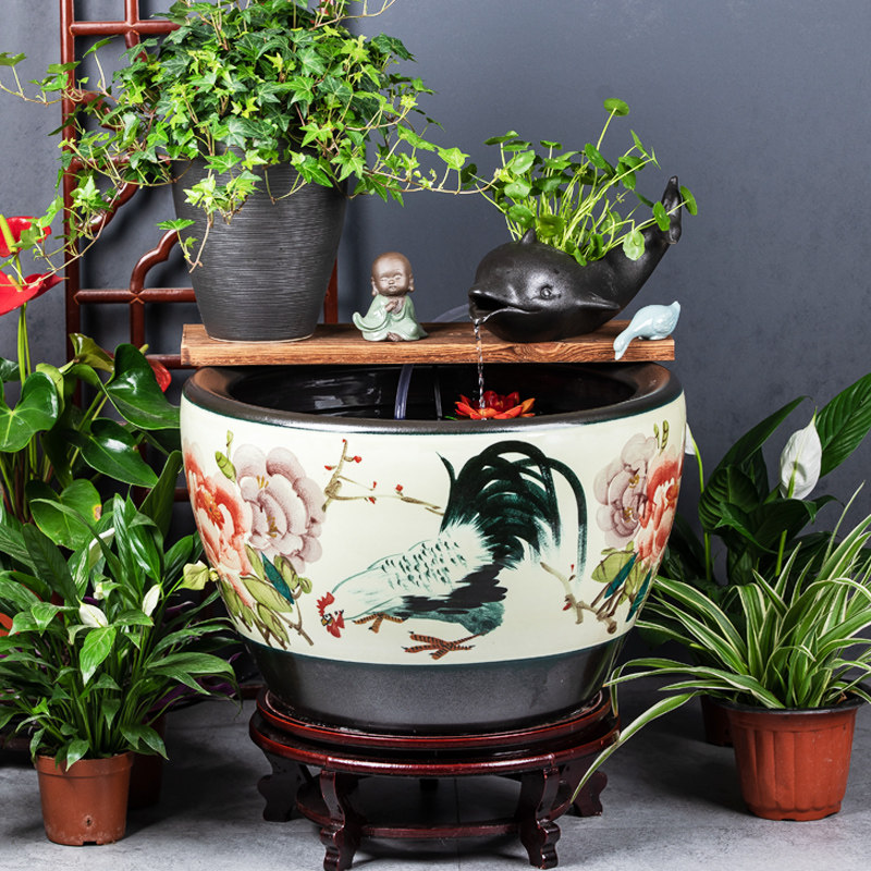 景德镇陶瓷锦鲤金鱼缸大号庭院门海大型睡莲荷花缸造景循环流水缸