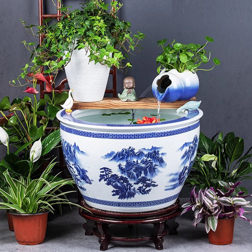 景德镇青花陶瓷古法养鱼缸碗莲睡莲荷花户外养龟缸庭院落地大水缸