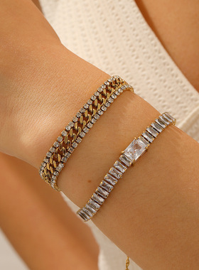 简约新款嘻哈手饰不锈钢真空电镀镀18K金方钻满钻复古链手链女