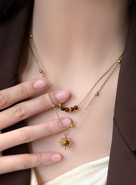 复古金色太阳花虎眼石项链女小众设计感叠戴毛衣链秋冬锁骨链配饰
