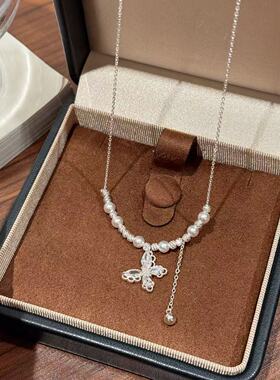 蝴蝶蕾丝花边珍珠吊坠项链女超闪轻奢高级感锁骨链精致气质项链