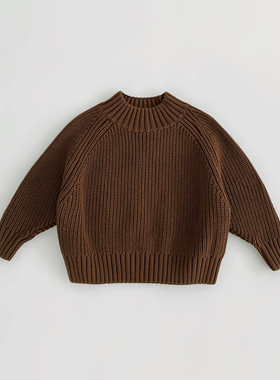 日秋冬加厚款男女婴幼儿童小宝宝焦糖色纯棉线小粗针织半高领毛衣