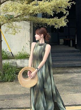 领前后飘逸挂脖慵懒韩版连衣裙2025长裙度假风宽松V夏新两穿气质